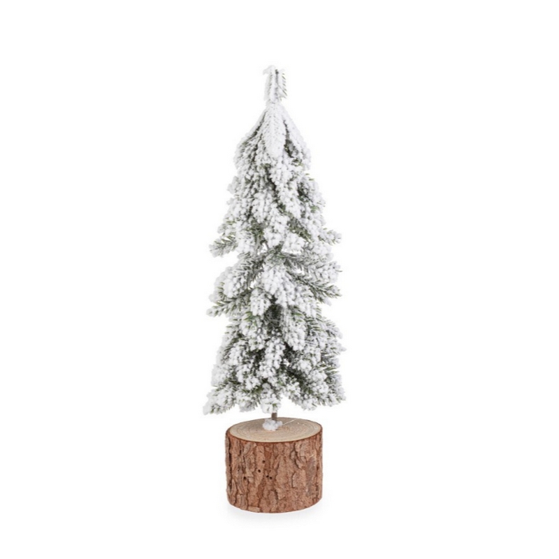 Pino innevato decorativo su base di legno alto 25 cm, perfetto come decorazione natalizia